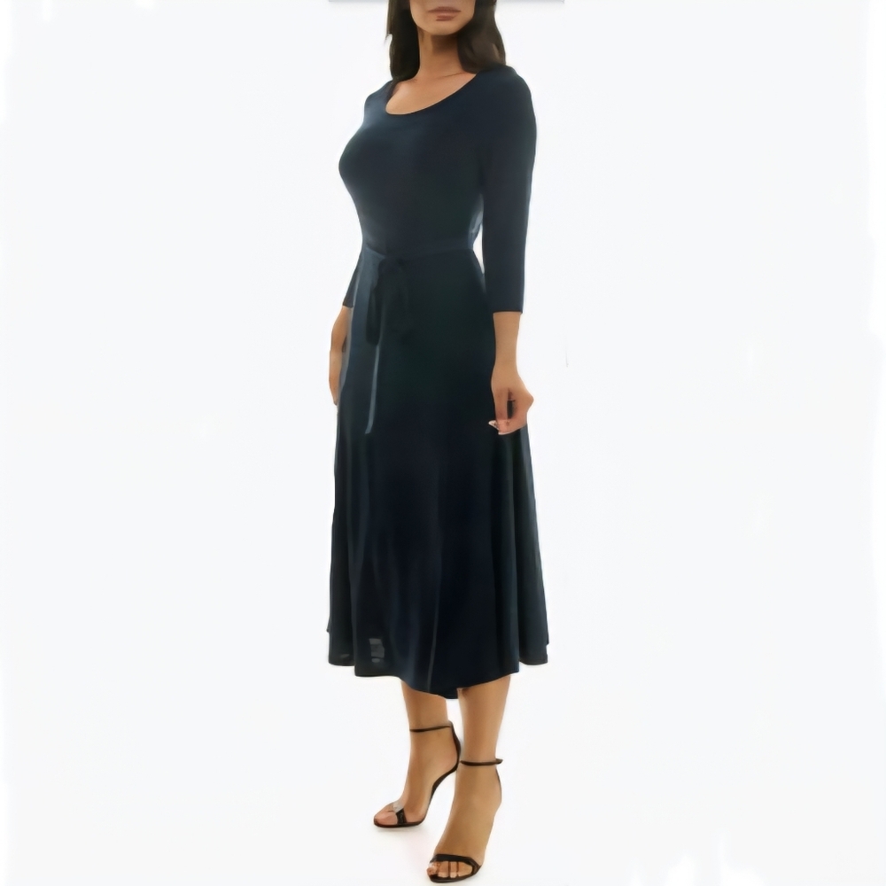 Nina Leonard Sylvia Tie Waist A-Line Midi Dress Navy M - Picture 3 of 3